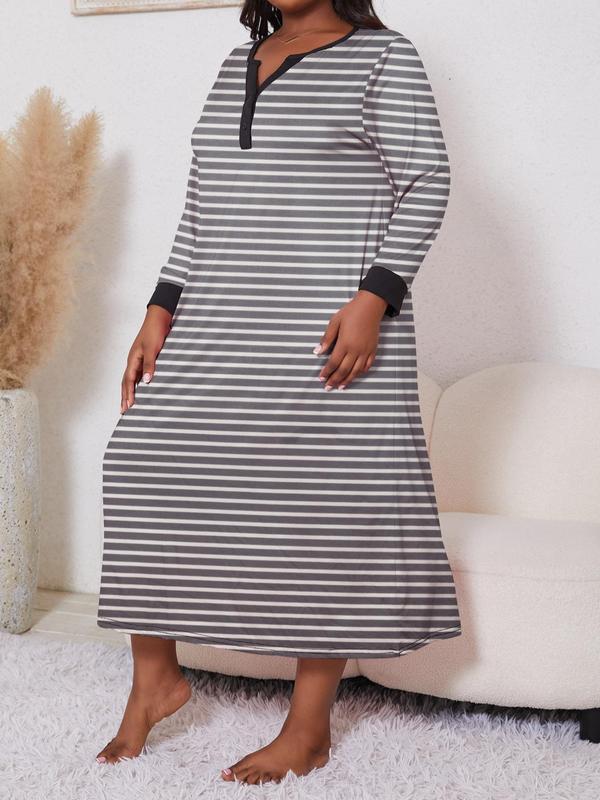  Striped Print Notched Neck Button Front Nightdress, Casual Long Sleeve Nightgown, Women's Sleepwear for Spring & Fall