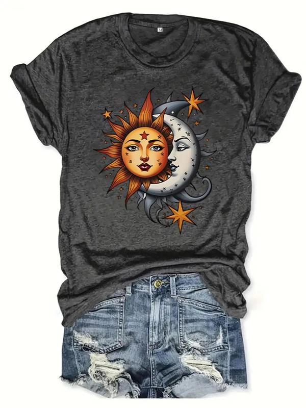Women's Cartoon Sun & Moon Print Round Neck Graphic Tee, Trendy Casual Short Sleeve T-shirt for Daily Wear, Graphic Tees, Lady Summer Outfits 2024