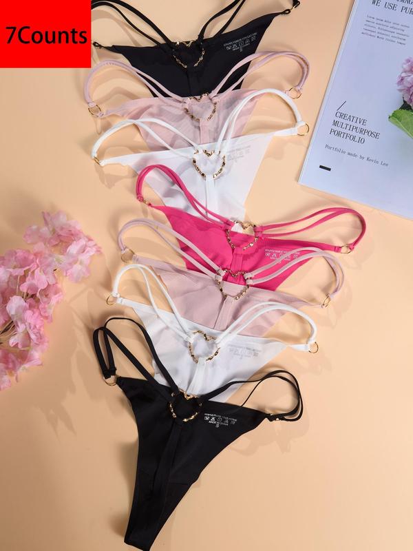 Women's Heart Decor O-ring Sexy Thong, Soft Comfy Breathable Drop Waist Panty for Daily Wear, Women's Underwear for All Seasons