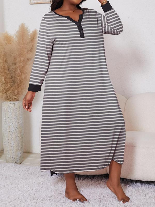  Striped Print Notched Neck Button Front Nightdress, Casual Long Sleeve Nightgown, Women's Sleepwear for Spring & Fall