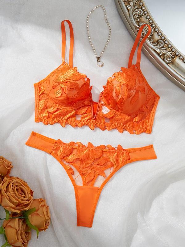 Two-Piece Set Women's Floral Embroidery Bra & Sheer Thong, Adjustable Strap Underwire Bra & Panty Set, Lingerie Set for Women