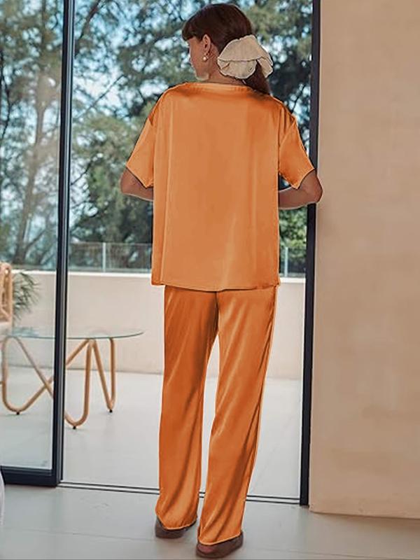 Women's Solid Drop Shoulder Tee & Pocket Pants Pyjama Two-piece Set, Casual Comfy Short Sleeve Top & Drawstring Waist Pants PJ Set, Ladies Summer Sleepwear