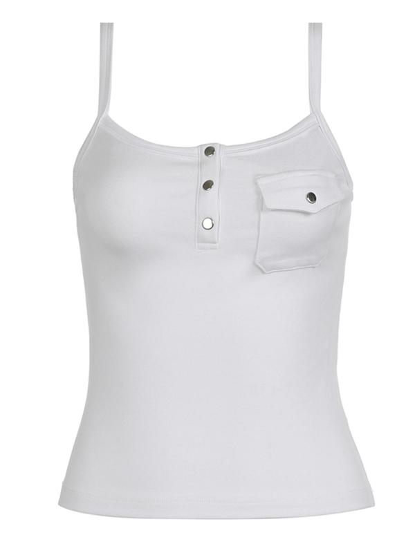 Women's Plain Half Button Pocket Crop Cami Top, Street Fashion Casual Sleeveless Top for Daily Outdoor Wear, Ladies Clothes for Summer