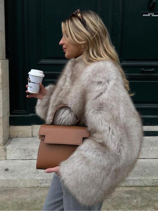 Women's Solid Color Bishop Sleeve Faux Fur Jacket, Casual Tops, Long Sleeve Open Front Outerwear for Fall & Winter, Women's Clothing for Daily Wear