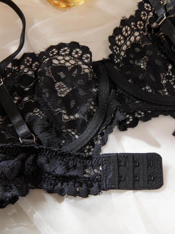 Two-Piece Set Women's Floral Lace Scallop Trim Panty Set, Adjustable Strap Underwire Bra & Knicker, Soft Comfy Breathable Underwear Set for Daily Wear
