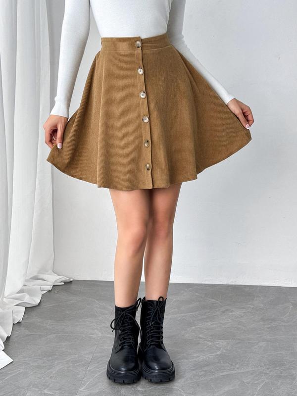 Women's Solid Button Front Corduroy Skirt, Elegant Fashion Casual High Waist A Line Skirt for Daily Outdoor Wear, Women Bottoms for Fall & Winter