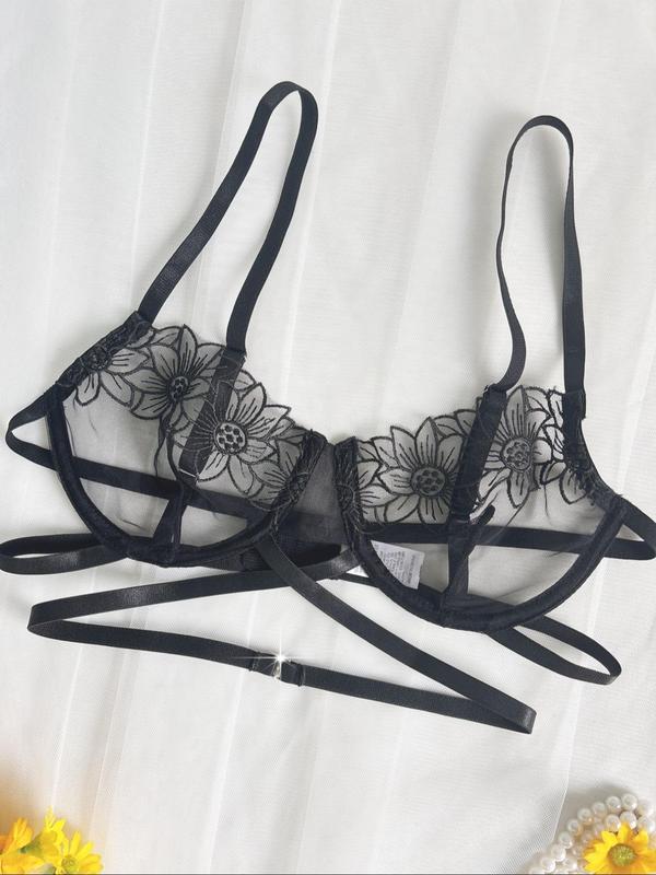 Women's Floral Embroidery Bra & Sheer Thong Two-piece Set, Adjustable Strap Underwire Bra & Panty Set, Lingerie Set for Women