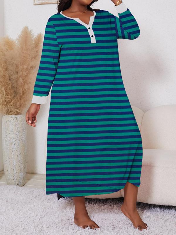  Striped Print Notched Neck Button Front Nightdress, Casual Long Sleeve Nightgown, Women's Sleepwear for Spring & Fall