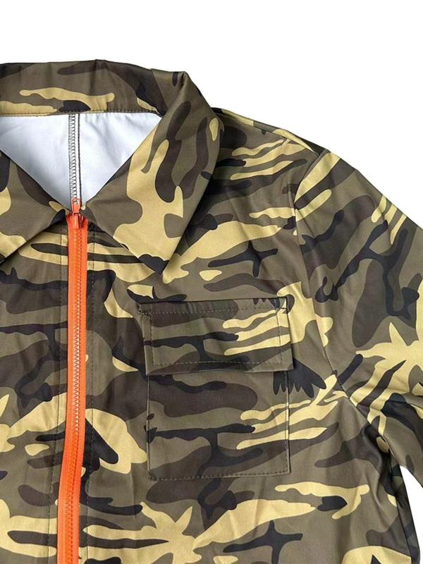 Women's Camo Print Drawstring Zip Up Jumpsuit, Casual Pocket Long Sleeve Collared Jumpsuit for Daily Wear, Ladies Clothes for All Seasons