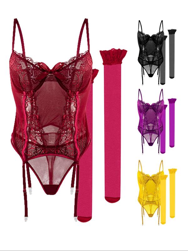 Women's Contrast Lace Sexy Teddy Lingerie Set, Romantic Bow Decor Bra & Thong & 1 Pair Stocking Set, Women's Lingerie & Underwear for All Seasons