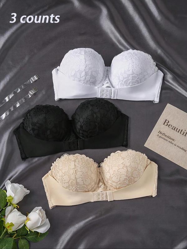 Women's Floral Lace Push Up Bandeau  Bra with Transparent Strap, Soft Comfortable Breathable Buckle Front Bra, Lingerie for All Seasons