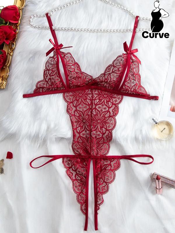 Plus Size Floral Lace Bow Front Cut Out Sheer Cami Bodysuit, Sexy Adjustable Strap Scallop Trim Backless Bodysuit for Women, Women's Clothes for Summer