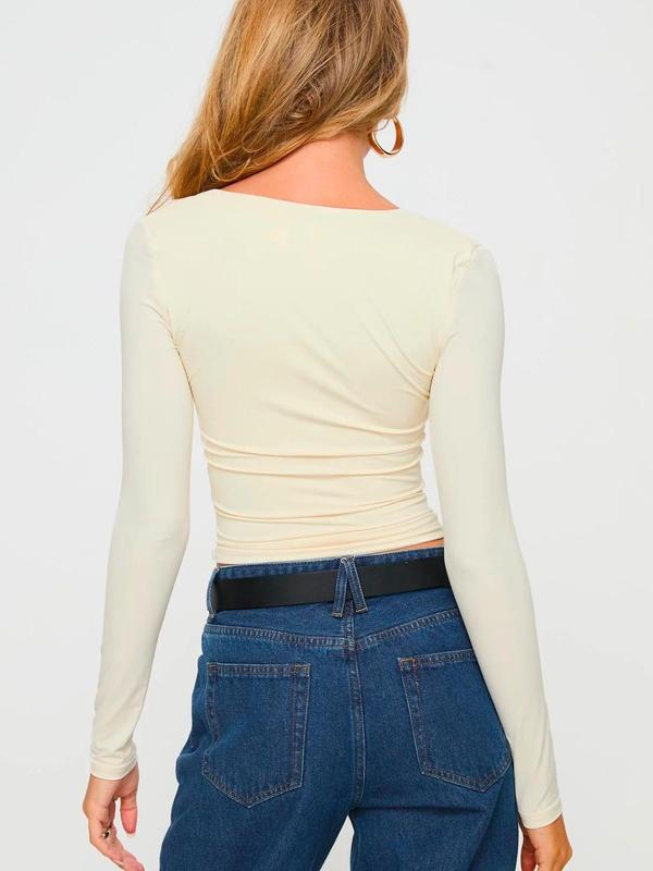 Women's Plain Square Neck Long Sleeve Crop Tee As Birthday Gifts, Casual Solid Tight-fitting T-shirt for Fall & Winter, Women's Top for Daily Wear, Fall Outfits