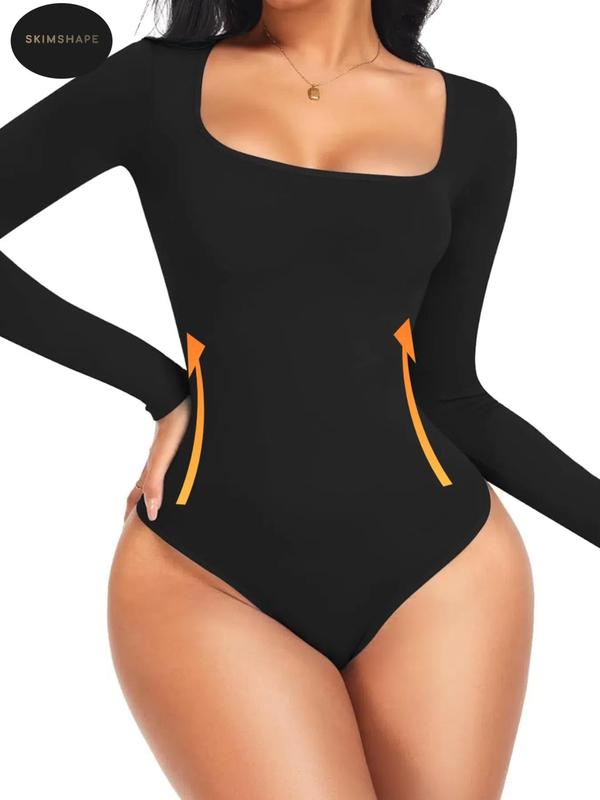 Women's Square Neck Thong Design Shapewear Bodysuit, Casual Button Tummy Control Shaper Bodysuit, High Stretch Seamless Shaper for Daily Wear, Fall Wear, Fallfreshness, Bodysuit for Women