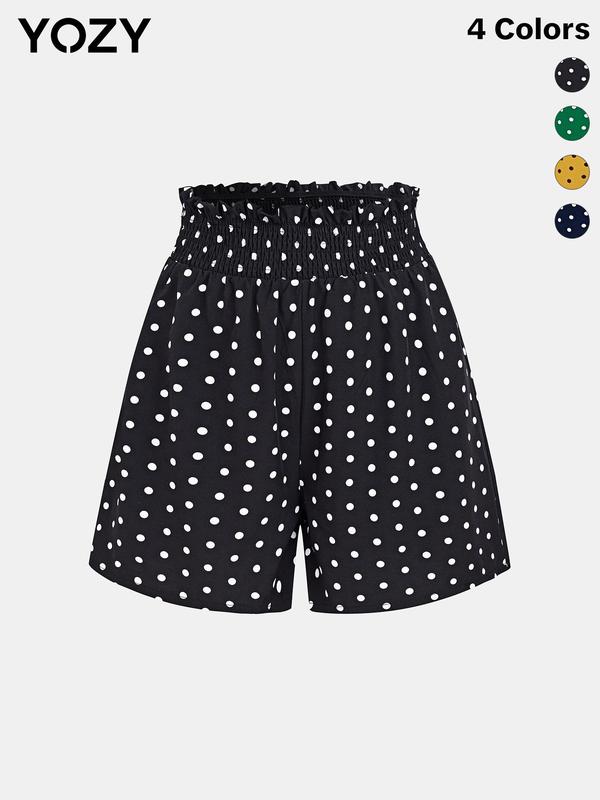 YOZY [4 colors] Polka Dot Print Paper Bag Waist Shorts, Casual Comfy Wide Leg Shorts, 2024 Women's Summer Outfits for Daily Wear