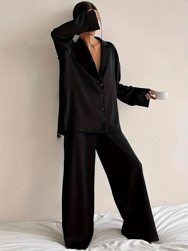 Two-piece Set Women's Solid Button Front Shirt & Elastic Waist Pants Satin Pyjama, Casual Comfy Lapel Neck Long Sleeve Top & Trousers Pj Set, Ladies Sleepwear for All Seasons
