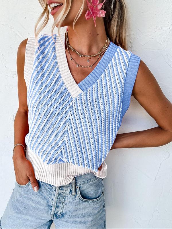 Women's Colorblock V Neck Sweater Vest, Casual Sleeveless Knit Top for Summer, Fashion Women's Knitwear for Daily Wear