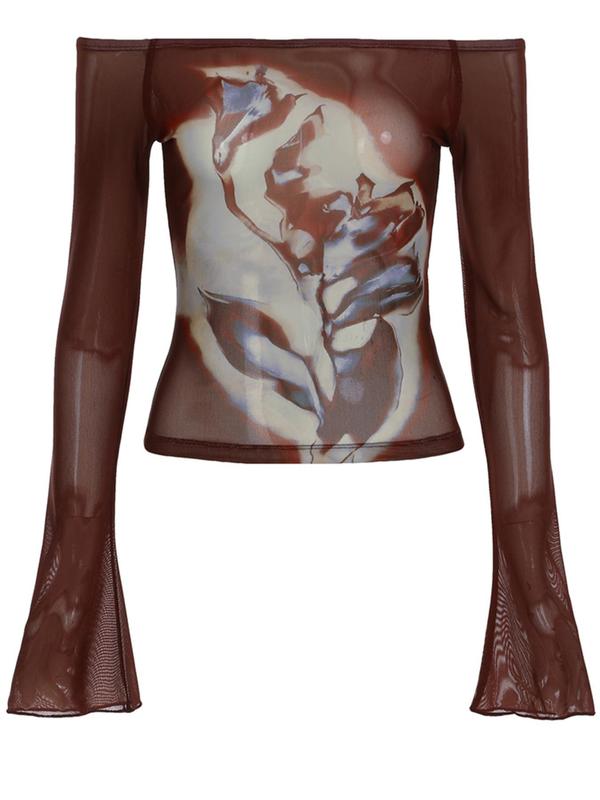 Women's Vintage Rose Print Off Shoulder Sheer Tulle Top, Retro Fashion Long Sleeve Flounce Sleeve Top for Fall, Women's Clothing for Daily Wear