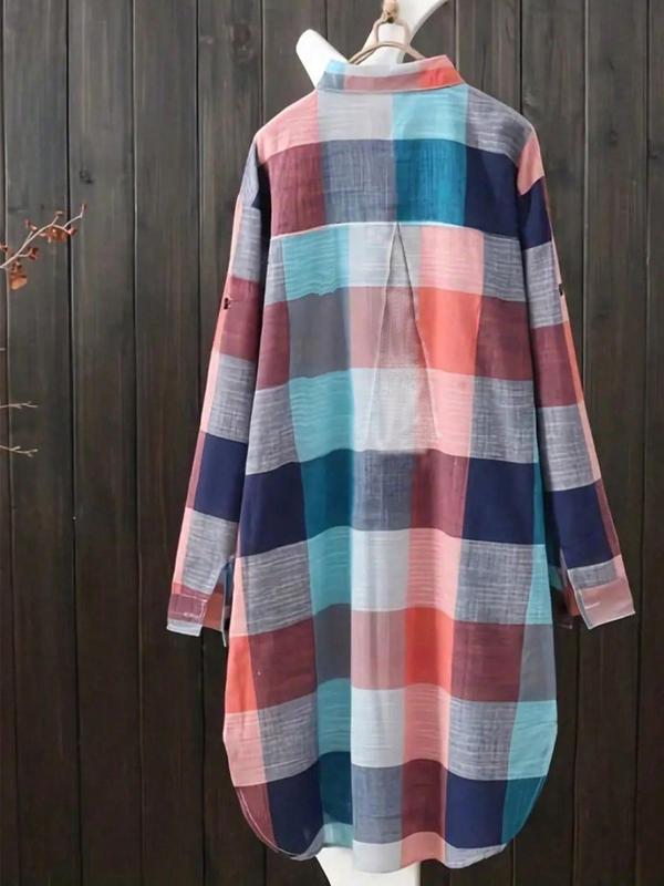 Women's Plaid Print Button Front Long Shirt, Casual Loose Collared Top for Spring & Fall, Women's Clothes for Daily Wear, Fall Clothes, Summer Clothes Women