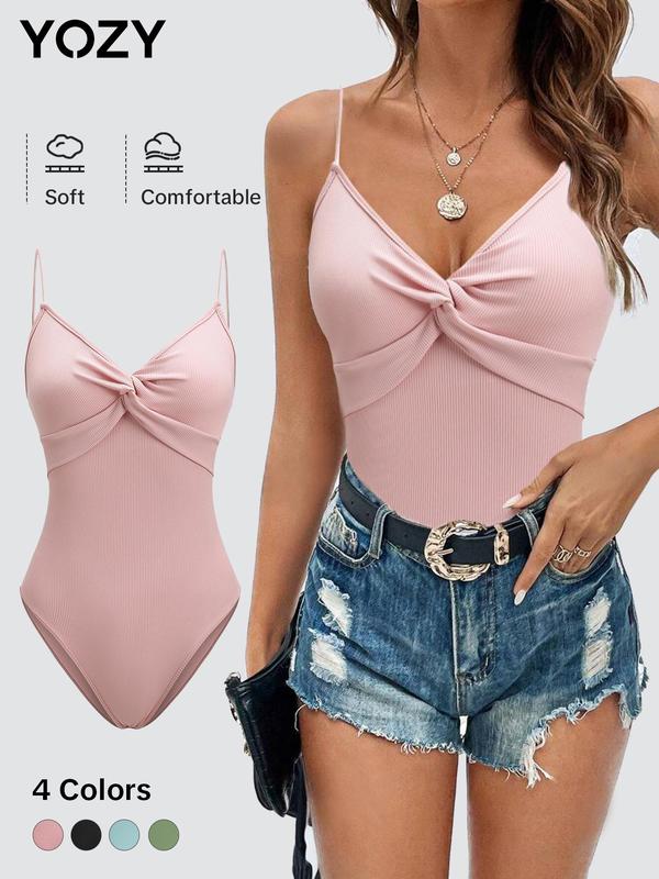 YOZY [4 colors] Twist Front Bodysuit, Casual Plain Ribbed Sleeveless Spaghetti Strap Button Cami Bodysuit, 2024 Women's Daily Wear for Spring & Summer
