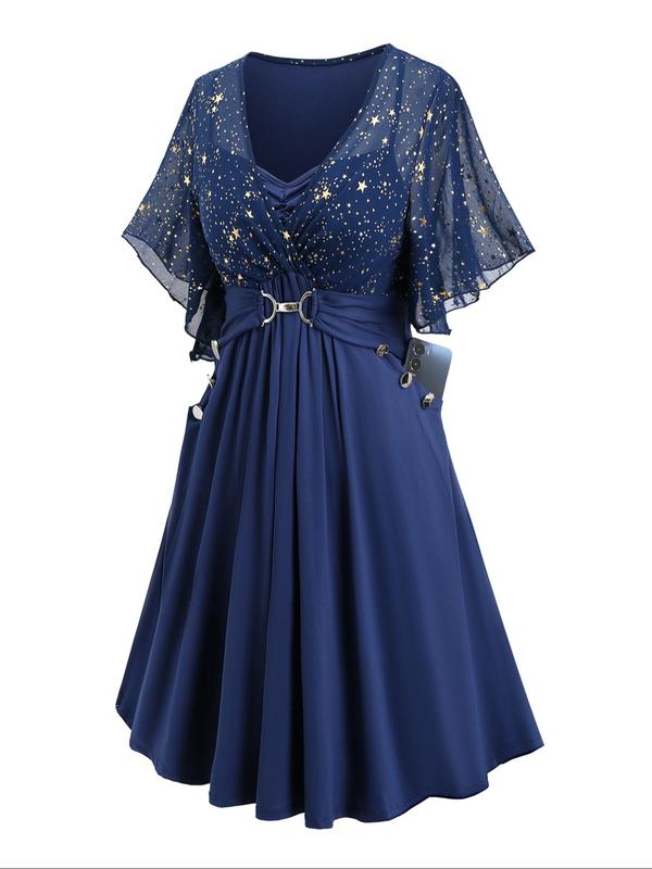  Star Patchwork Print Fake Buttons Ruched Wrap Dress, Elegant Butterfly Sleeve Pocket Chain Detail Dress for Party Holiday Wedding Guest, Women's Clothes for Summer