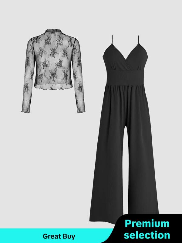  Two-Piece Set Solid Lettuce Trim Lace Crop Top & Wide Leg Cami Jumpsuit, Elegant Fashion Outfits for Daily Outdoor Wear, Women Clothing for Spring Fall