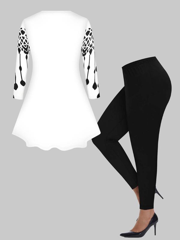  Two-piece Set All Over Print Tee & Plain Leggings Set, Casual Round Neck Long Sleeve Top & Elastic Waist Skinny Pants for Daily Wear, Women's 2 Piece Sets, Women's Plus Outfits for All Seasons