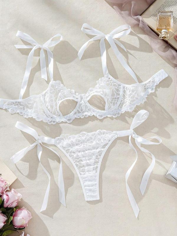 Women's Solid Bow Decor Lace Bra & Thong Two-Piece Set, Sexy Comfy Breathable Teddy Lingerie Set for Daily Wear, Women's Underwear Set for All Seasons