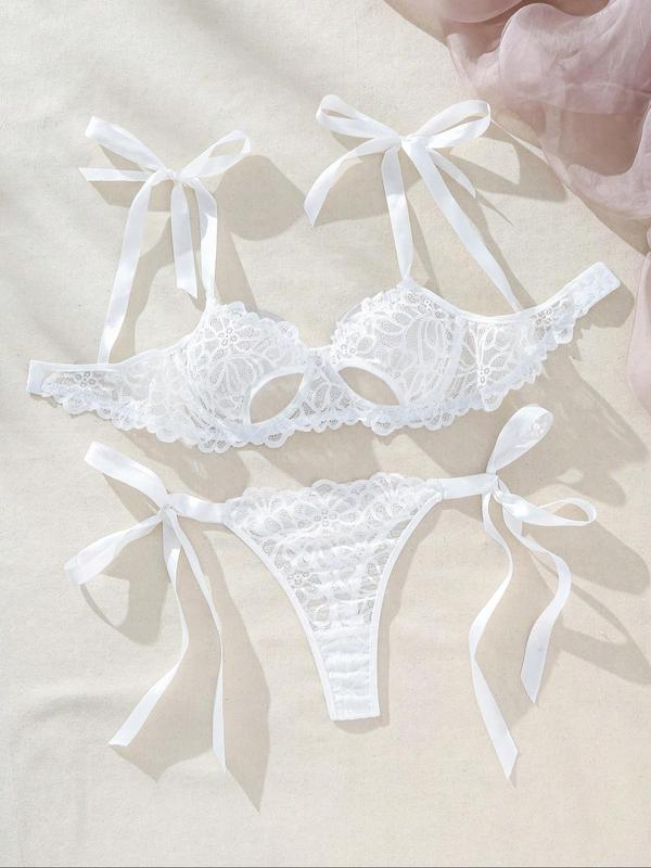 Women's Solid Bow Decor Lace Bra & Thong Two-Piece Set, Sexy Comfy Breathable Teddy Lingerie Set for Daily Wear, Women's Underwear Set for All Seasons