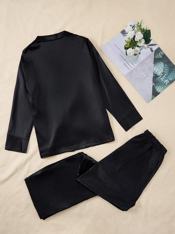 Two-piece Set Women's Solid Button Front Shirt & Elastic Waist Pants Satin Pyjama, Casual Comfy Lapel Neck Long Sleeve Top & Trousers Pj Set, Ladies Sleepwear for All Seasons