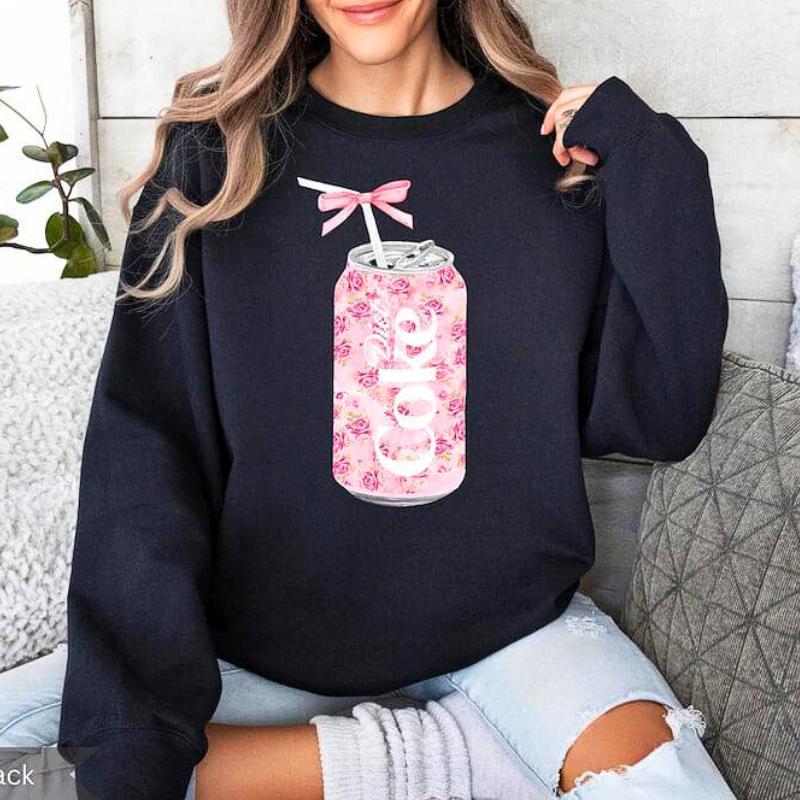 Coquette Diet Coke Sweatshirt, Floral Diet Coke Shirt, Cute Baby Pink Bow Tee, Trendy Soda Can With Roses, Fun Coke Lover Gift