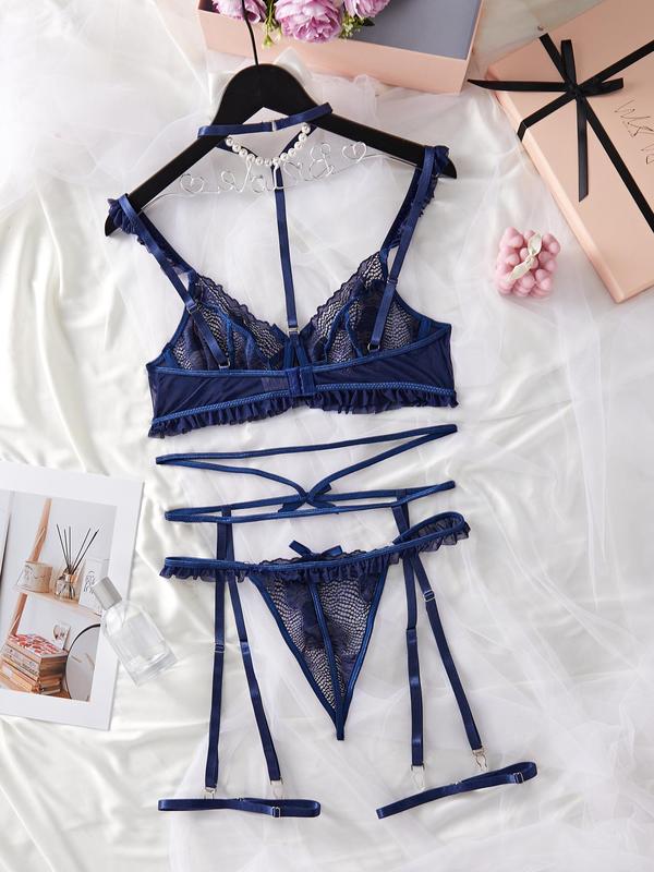 Women's 3pcs Bow Decor Sheer Lace Garter Lingerie Set, Adjustable Strap Frill Trim Bra & Thong & Garter Belt Set, Fashion Sexy Lingerie & Costumes for Lady