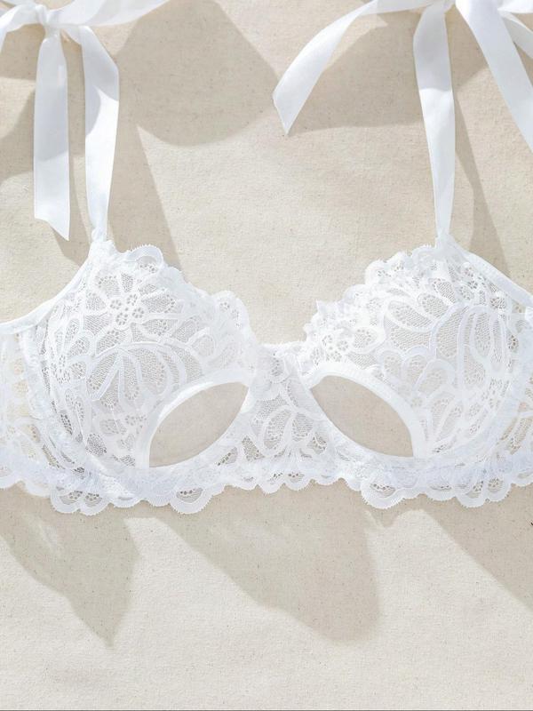 Women's Solid Bow Decor Lace Bra & Thong Two-Piece Set, Sexy Comfy Breathable Teddy Lingerie Set for Daily Wear, Women's Underwear Set for All Seasons