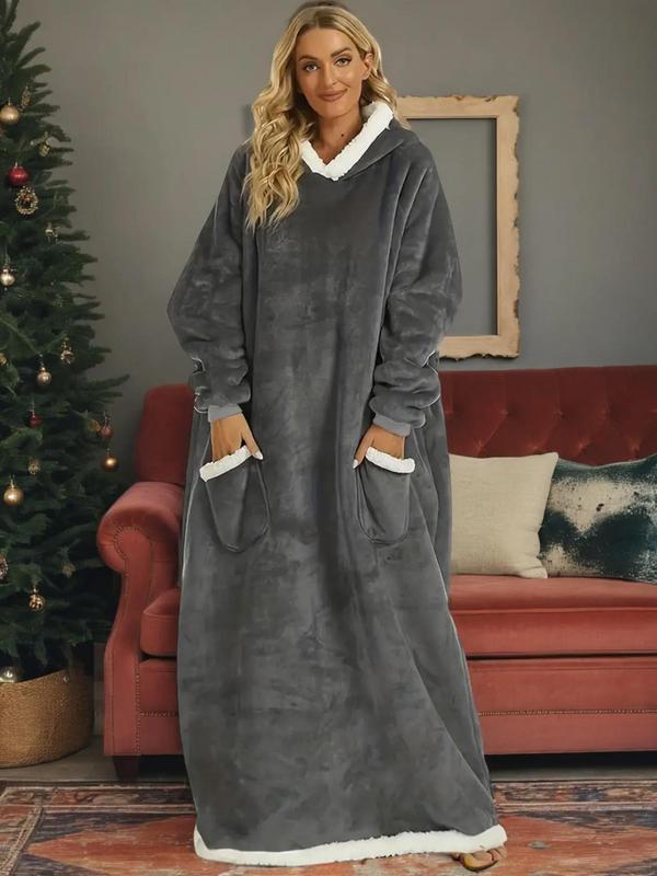Women's Solid Raglan Sleeve Hooded Lounge Robe, Casual Oversized Loungewear, Long Sleeve Pocket Design Warm Robe for Fall & Winter, Women's Sleepwear for Indoor Wear