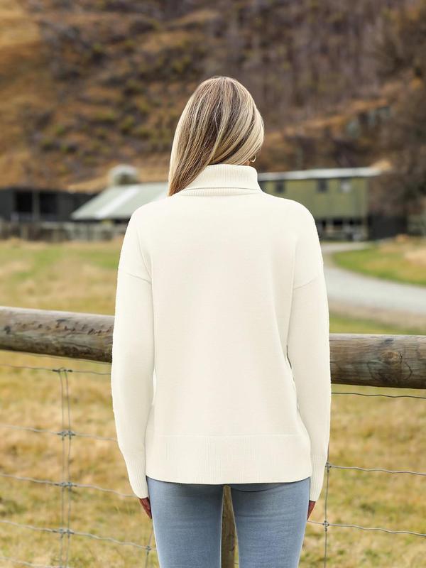 Women's Solid Drop Shoulder Turtle Neck Sweater, Casual Long Sleeve Jumper for Fall & Winter, Fashion Ladies' Knitwear for Daily Wear