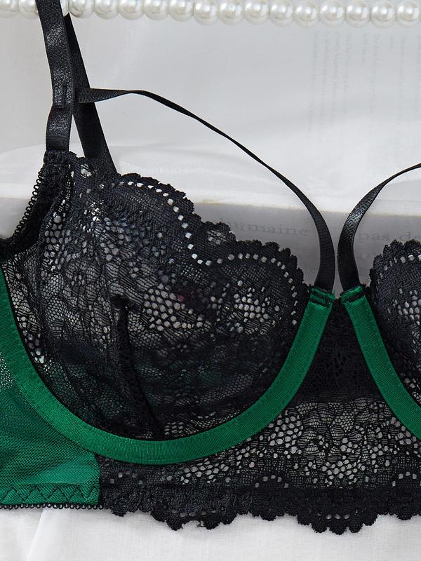 Women's Colorblock Lace Bra & Sheer Thong with Leg Rings Design Sexy Lingerie Two-piece Set, Adjustable Strap Push Up Bra & Panty, Sexy Lingerie Set for Women