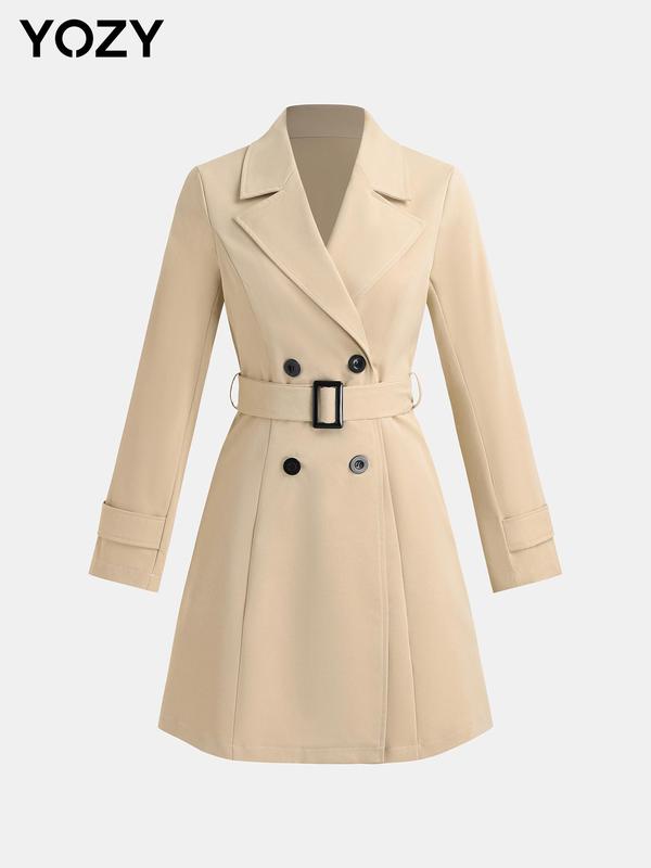 YOZY Women's Solid Double Button Belted Trench Coat, Casual Lapel Long Sleeve Coat for Daily Wear, Ladies Clothes for All Seasons