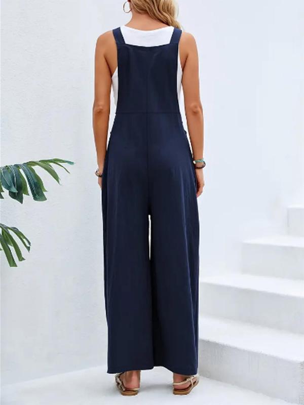 Women's Plicated Button Wide Leg Overalls Jumpsuit without Tank Top, Casual Pocket Square Neck Sleeveless Overalls Jumpsuit, Women's Jumpsuit