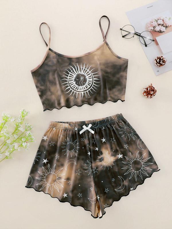 Women's Tie Dye Moon & Sun Print Loungewear Set Two Piece Set, Lettuce Trim Crop Cami Top & Bow Decor Shorts Pj Set, Lady's Sleepwear, Summer Wear 2024