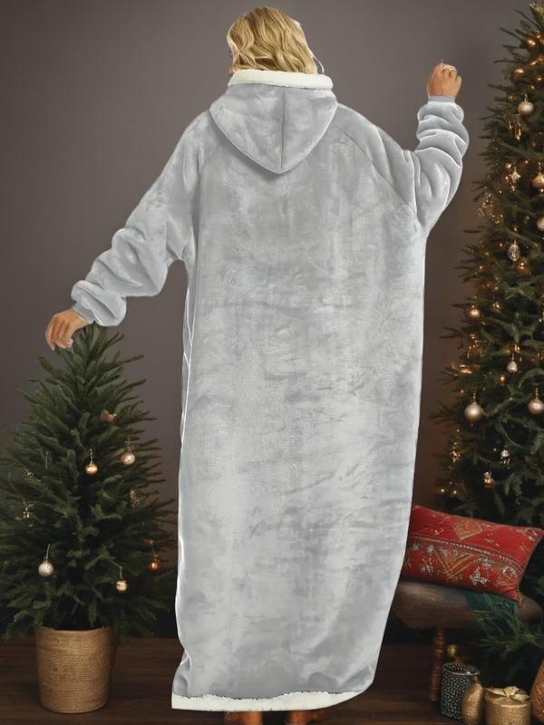 Women's Solid Raglan Sleeve Hooded Lounge Robe, Casual Oversized Loungewear, Long Sleeve Pocket Design Warm Robe for Fall & Winter, Women's Sleepwear for Indoor Wear