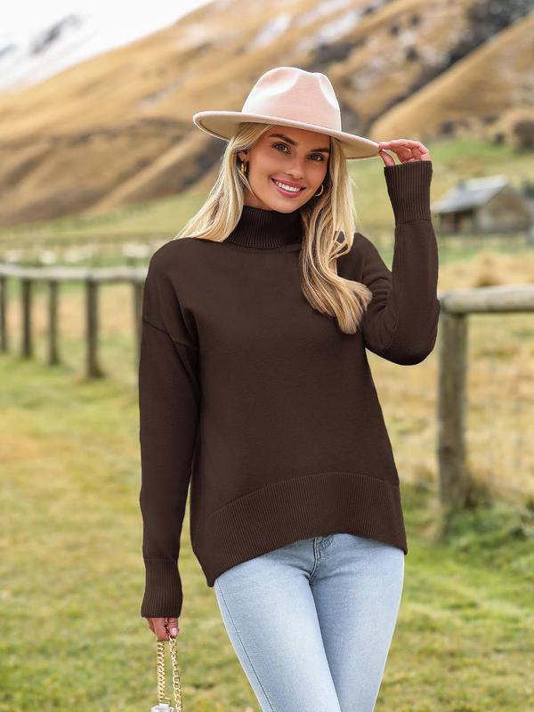 Women's Solid Drop Shoulder Turtle Neck Sweater, Casual Long Sleeve Jumper for Fall & Winter, Fashion Ladies' Knitwear for Daily Wear
