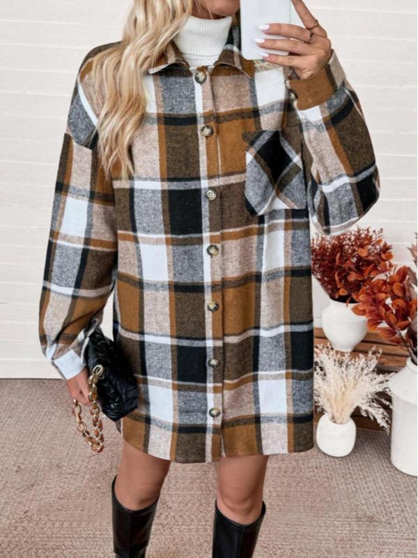 Women's Plaid Print Button Front Pocket Coat & Skirt Two-piece Set, Casual Drop Shoulder Long Sleeve Top & Short Skirt for Daily Wear, Ladies Fall & Winter Clothes