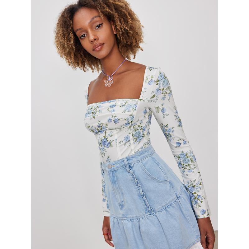 Cider [size 2-26] Santorini Beach Vacation Square Neck Floral Ruched Corset Bodysuit