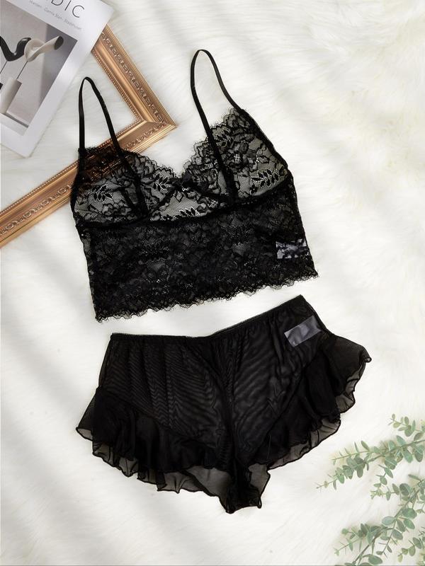 Womenswear Contrast Mesh Lace Lingerie Set, Sexy Hollow Out Lingerie Top & Sheer Shorts Set, Soft Comfy Breathable Underwear Set for Women, Minimalist Women Sexy Lingeries, Birthday Wear Black Girl