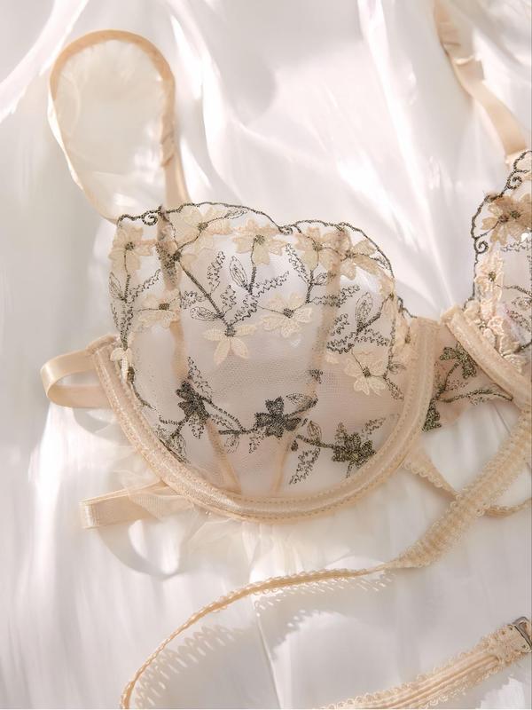 Women's Floral Embroidery Criss Cross  Bra & Cut Out Panty Sexy Lingerie Two-piece Set, Adjustable Strap Bra & Panty, Lingerie Set for Women