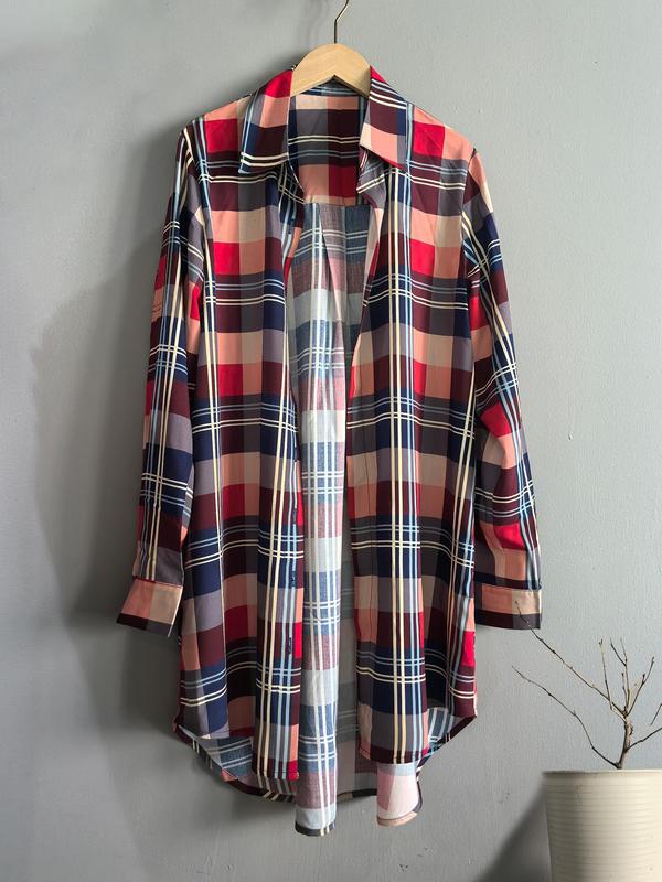 Women's Plaid Print Button Front Long Shirt, Casual Loose Collared Top for Spring & Fall, Women's Clothes for Daily Wear, Fall Clothes, Summer Clothes Women
