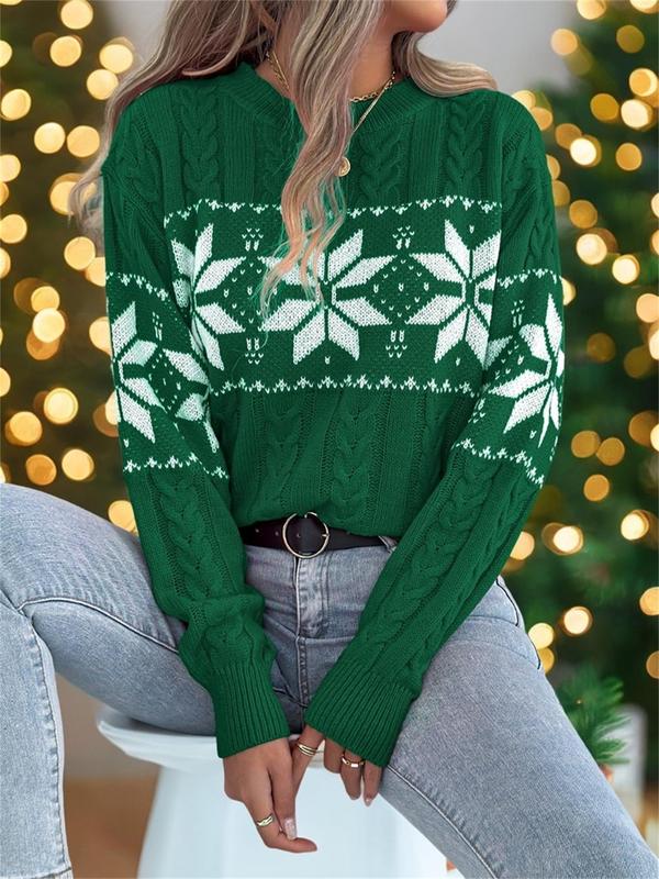 Women's Christmas Snowflake Print Drop Shoulder Sweater Pullover, Casual Long Sleeve Round Neck Jumper for Fall & Winter, Ladies' Knitwear for Daily Wear