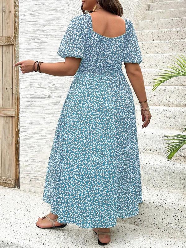  Ditsy Floral Print Split Thigh Shortsleeve Vintage Dress, Dresses for Women, Casual Comfort Boho Puff Sleeve Tie Front Dress for Fall, Women Plus Clothing for Fall Daily Casual Wear, Womenswear