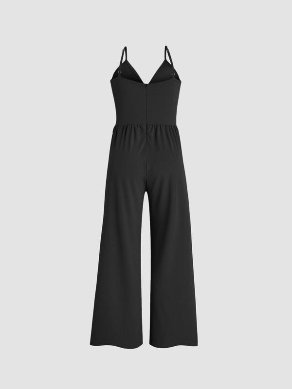  Two-Piece Set Solid Lettuce Trim Lace Crop Top & Wide Leg Cami Jumpsuit, Elegant Fashion Outfits for Daily Outdoor Wear, Women Clothing for Spring Fall