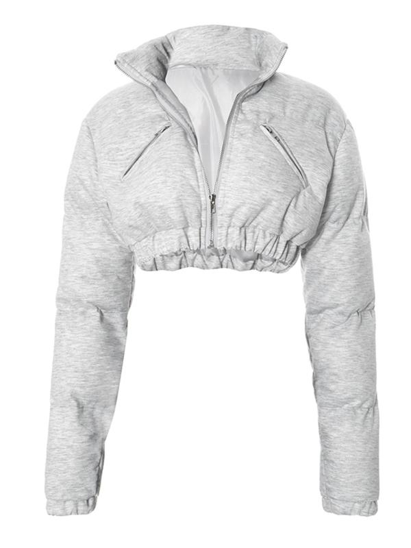 Women's Solid Zip Up High Neck Crop Coat, Casual Long Sleeve Pocket Outerwear for Fall & Winter, Ladies Clothes for Daily Wear, Y2k Clothing